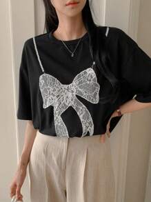 DAZY Lace Bow Decor 2 In 1 Women's Round Neck Casual T-Shirt Cute Tops Oversized T-Shirt,Graphic Tees - Black - View 7