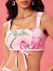 Becci 设计师粉色花卉印花短款上衣和 A 字迷你裙套装外出、节日 - 粉色 - 查看 5