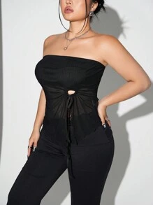 SHEIN ICON Top tipo tubo de malla con dobladillo asimétrico, cordón lateral y ribete de lechuga para talla grande en verano - Negro - Ver 4