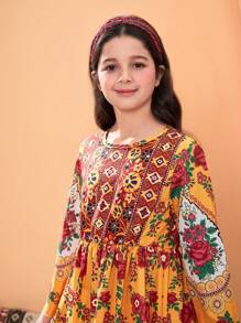 Tween Girl Pattern Holiday Casual Rose Retro Print Long Dress - Multicolor - View 5