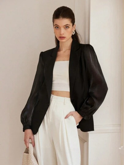 Chiquease Blazer formal de manga larga elegante y sencillo de organza con empalme, para uso de negocios