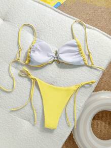 Swim Mod Women Solid Color Spaghetti Strap Triangle Bikini Set With Star Detail & Side Tie, Summer Swimwear For Casual & Holiday - Yellow - View 2