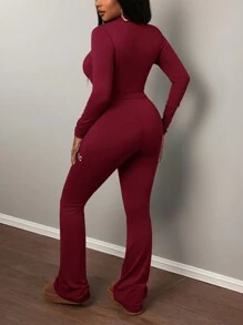 Slaydiva 2 件套女士休闲基本款高弹力修身长袖拉链字母印花上衣和裤子 - 玫瑰紅 - 查看 2