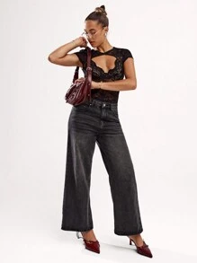 SHEIN BAE 女士时尚性感纯色蕾丝镂空紧身衣 - 黑色 - 查看 6