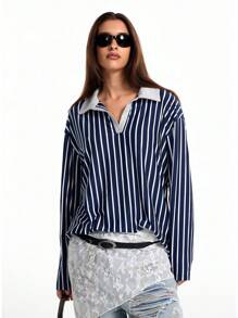 SHEIN EZwear 女士秋冬工装情侣同款 90 年代时尚基本款条纹宽松领长袖 T 恤 - 藍白色 - 查看 1