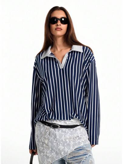 SHEIN EZwear 女士秋冬工装情侣同款 90 年代时尚基本款条纹宽松领长袖 T 恤