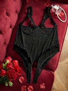 SpicyHot Conjunto de lencería primaveral alegre con ribete de volantes, moño decorativo y unicolor, adecuada para despedidas de soltera de mujeres adultas y de tallas grandes - Negro - Ver 1