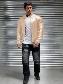 Manfinity LEGND Men's Solid Color Front Zipper Long Sleeve Pocket Casual Jacket, Minimalist Design, For Fall Winter - Camel - View 4