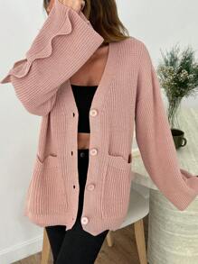 EURMUSE 休闲 V 领之字形口袋下摆细节纯色纽扣开衫 - 粉色 - 查看 4