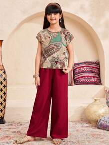 SHEIN Leap Crew Tween 女童休闲圆领印花短袖衬衫和直腿裤 2 件套 - 紅色 - 查看 1