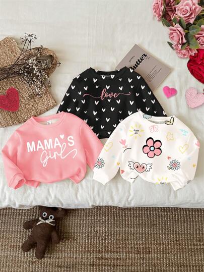 SHEIN 3 件装女宝宝休闲柔软舒适妈妈女孩心形花卉印花宽松圆领套头衫运动衫套装