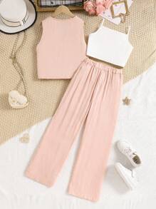 3 Stücke Tween Mädchen-Outfit in Weiß, bestehend aus Kurzarm-Top, ärmelloses Top und Hose für Jugendliche