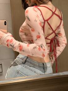 DAZY Encore Red Full Print Floral Pattern Backless Drawstring Tie Contrast Color Splicing Mesh Long Sleeve Blouse For Women,Halter Top