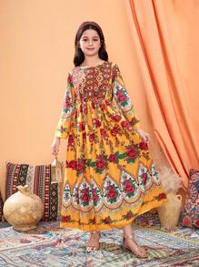 Tween Girl Pattern Holiday Casual Rose Retro Print Long Dress - Multicolor - View 3