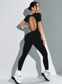 Easithlete 女士露背圆领黑色无缝连体裤 - 黑色 - 查看 2