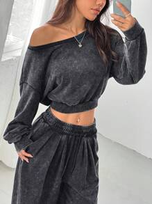 SHEIN EZwear 2pcs/Set Women's Summer Casual Asymmetric Hem Cropped Top And Pants Matching Set