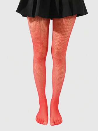 Fairycore 1 par de calcetines para mujer de todas las temporadas con strass brillantes blancos y red pesquera roja