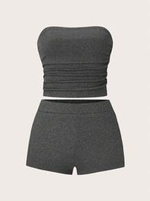 SHEIN LUNE 女士加大码纯色褶皱抹胸和修身短裤休闲两件套，3 种颜色