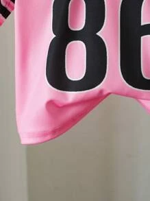 SHEIN Playful Pals 女婴 V 领运动衫，休闲字母印花，玫瑰红/粉色/黑色 - 彩色 - 查看 5