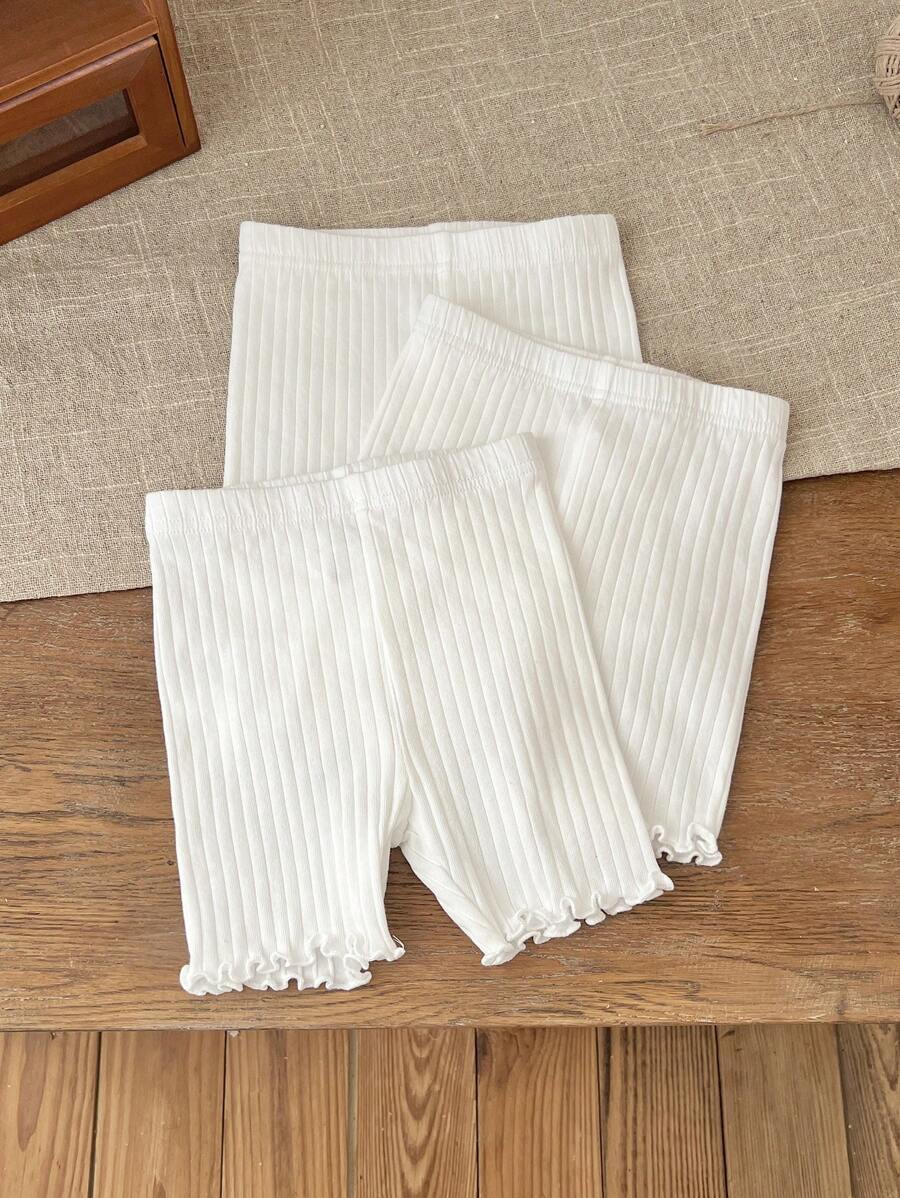 SHEIN LMoss Kids 3 件套年轻女孩针织纯色修身休闲紧身裤短裤 - 白色 - 查看 1