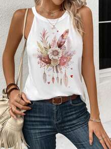 SHEIN LUNE 女士休闲羽毛花卉和心形图案修身吊带背心，适合春夏季