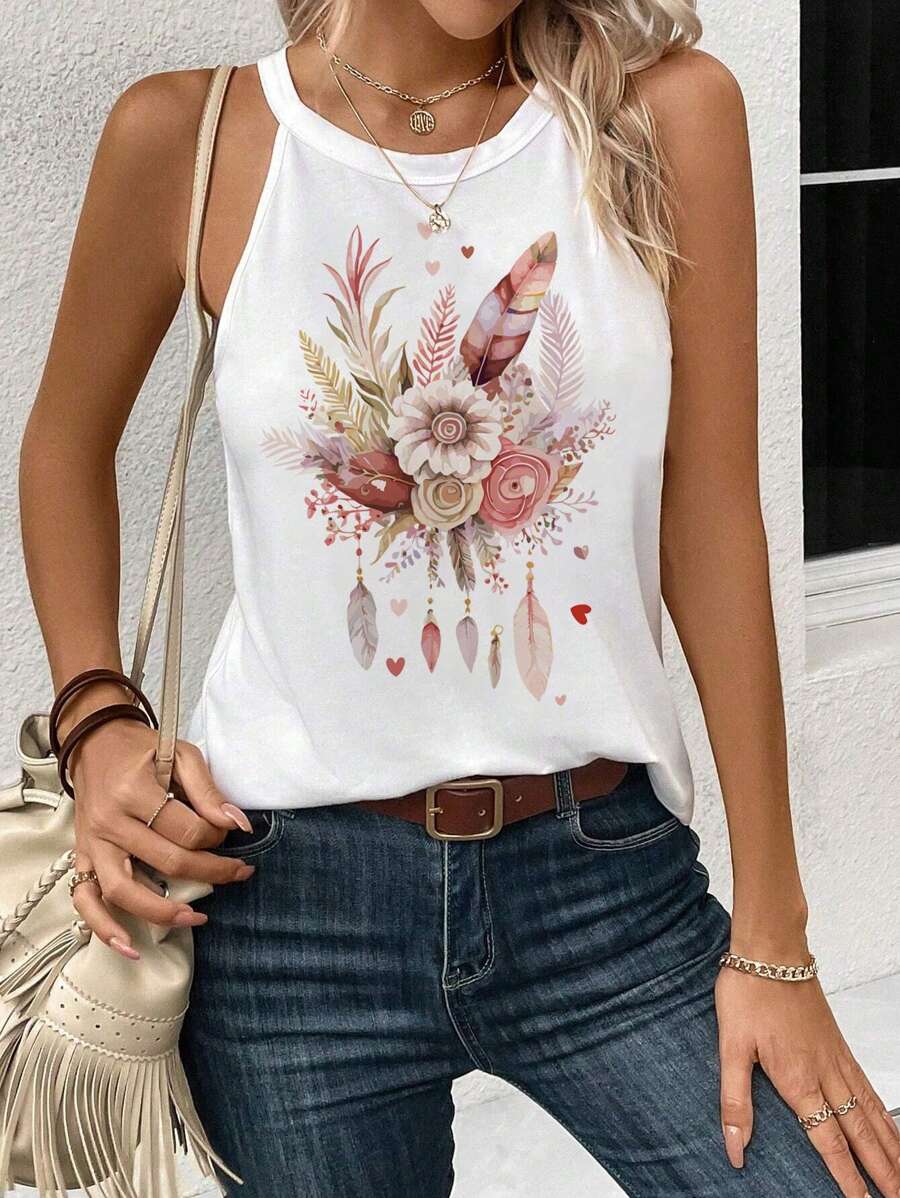 SHEIN LUNE 女士休闲羽毛花卉和心形图案修身吊带背心，适合春夏季