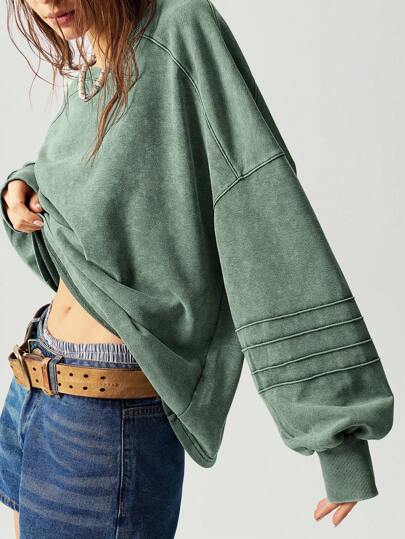 Bohemela 秋冬度假休闲纯色V领落肩长袖宽松女士卫衣