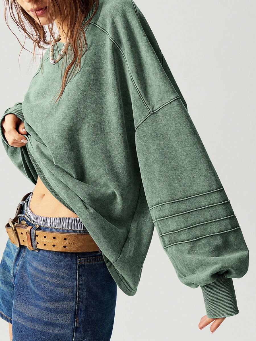Bohemela Áo nỉ dài tay dáng rộng cổ chữ V màu trơn thoải mái cho nữ mùa thu/đông - màu xanh lá - Xem 1