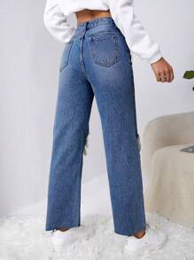 SHEIN EZwear Y2k Ripped Raw Cut Straight Leg Jeans - Medium Wash - View 2