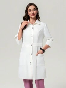 Scrubzie Bata de laboratorio larga antiarrugas para mujer, color blanco - Blanco - Ver 7