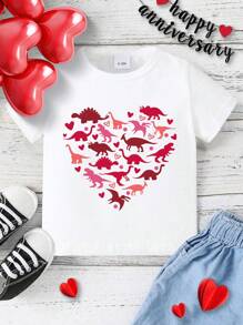 Baby Boy Fun Heart & Dinosaur Print Simple Short Sleeve T-Shirt, Suitable For Valentine's Day, Spring/Summer - White - View 3