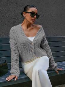 EURMUSE Women Solid Color Cable Knit Pattern Front Button Drop Shoulder Black Cardigan - Black - View 6