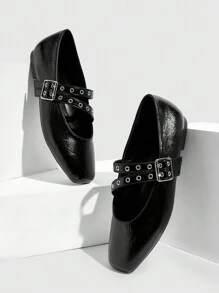 CUCCOO GRLICON Y2K 朋克风格玛丽珍平底鞋，油性皮革纹理趾带女鞋，适合摩托车、酷女孩、万圣节、圣诞节、派对装 - 黑色 - 查看 5