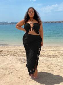 SHEIN SXY Plus Size Resort Wear Beach Vacation Summer Textured Fabric Fringe Tassels Crop Halter Top & High Side Slit Skirt Two Pieces Set For Vacation,Holiday Outfits Boho - Black - View 3