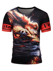 Manfinity LEGND Camiseta de manga corta de cuello redondo casual de hombre con estampado 3D de león