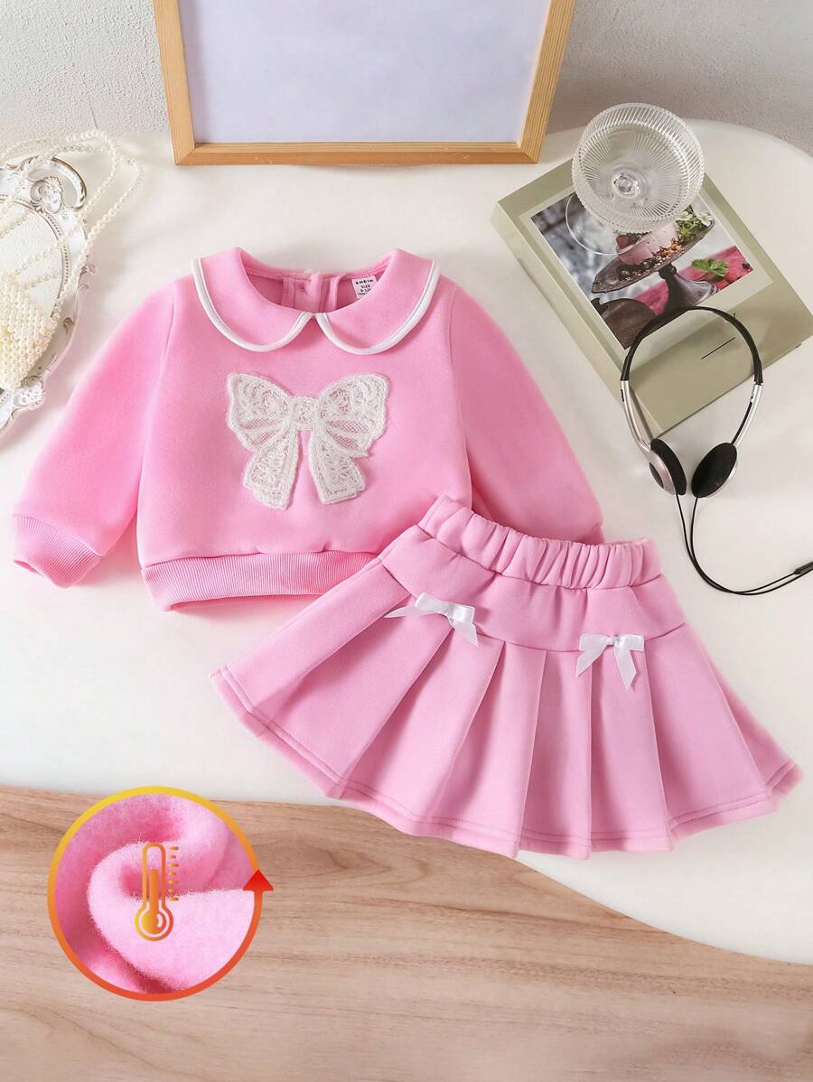 SHEIN Baby Girl 2 Pieces Set With Collar, Bow Decor, Embroidered Sweatshirt & Pleated Skirt, Fashion Outfit - Pink - View 1