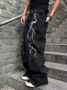 Manfinity EMRG 男士休闲宽松口袋印花牛仔裤，适合日常穿着 - 黑色 - 查看 5