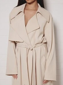 SUMWON WOMEN 奢华全长系带风衣优雅双排扣翻领外套经典秋冬时尚个性单品专业工作服 - 卡其色 - 查看 6