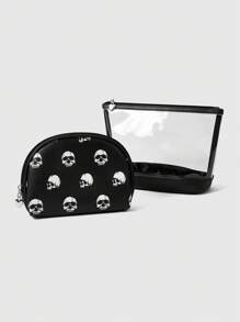 ROMWE 2pcs Black Skull Gothic Printed Storage Pouch Set - Black - View 1
