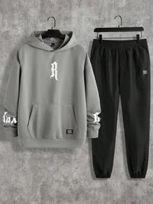 Manfinity VCAY 两件套男士休闲连帽长袖修身运动服套装 - 灰色 - 查看 1