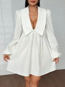 SHEIN EZwear فستان قصير كاجوال نسائي أحادي اللون بأكمام طويلة مجعد وبتصميم بسيط - أبيض - مشاهدة 5