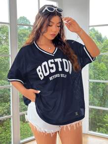 SHEIN EZwear Plus Size Solid Color Patchwork Short Sleeve Letter Print Casual Summer T-Shirt - Navy Blue - View 4