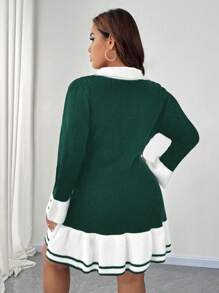 SHEIN Unity Vestido de suéter de punto con bloqueo de color y adorno de botones con volantes para mujer de talla grande, vestido recto elegante para otoño e invierno - Verde - Ver 2