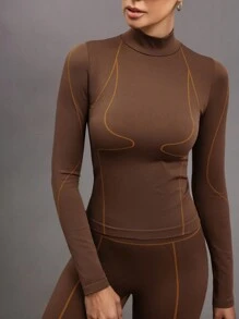 Activina 1 Set Women Stand Collar Long Sleeve Minimalist Top & Full Length Pants, Seamless Activewear Set - Brown - View 6