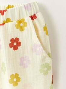 THE HAPPY LOOK Young Girls Colorful Flower Print Loose Casual Puff Sleeve Square Neck A-Line Shirt & Pants Sets, Casual Style