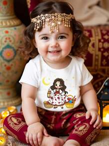SHEIN Cartoon Girl Print, Madder Rose Girl, Muslim Shirt, Gift, Islamic Shirts, Short Sleeve Crew Neck Casual Top For Baby Girl, Suitable For Summer - Multicolor - View 5