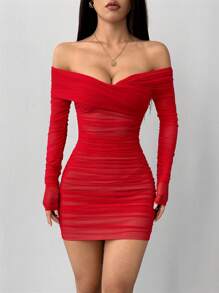 SHEIN PETITE 露肩褶饰网眼紧身外出黑色连衣裙 - 紅色 - 查看 3