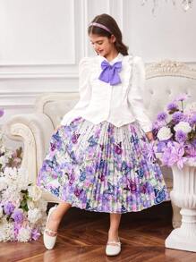 2pcs/Set Tween Girls Ruffle Bow Tie Blouse And Butterfly Print Pleated Skirt - Multicolor - View 3