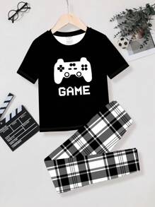 SHEIN Leap Crew Tween Boy Casual Minimalist Snug Fit Short Sleeve & Pants Loungewear Set, Suitable For Spring And Summer - Multicolor - View 1