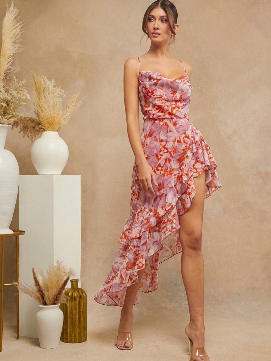 L'Amorae 女装，优雅红紫花卉印花不对称荷叶边下摆露背露背长裙，女士连衣裙，派对女士连衣裙，夏季女士服装，优雅女士连衣裙，红色女士连衣裙，沙滩女士连衣裙，婚纱，情人节连衣裙，长裙，度假。适合约会之夜、音乐会、演出、婚礼、派对、俱乐部、晚会 - 彩色 - 查看 1